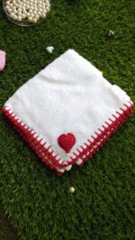 white towel kerchief with red crochet border